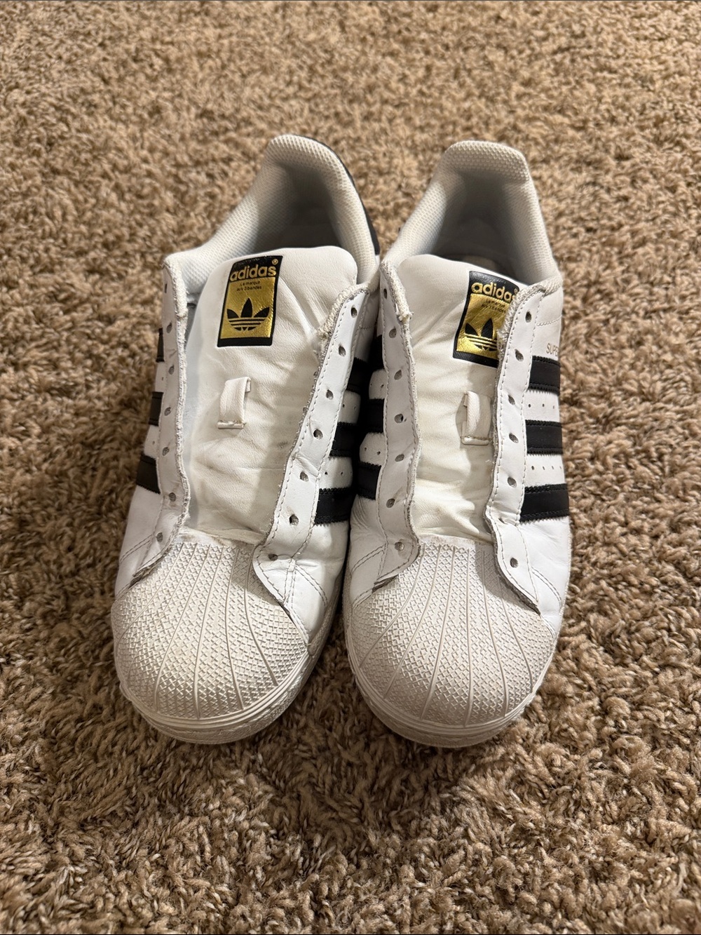 adidas White Sneakers with Black Stripes and Gold Tongue Labels